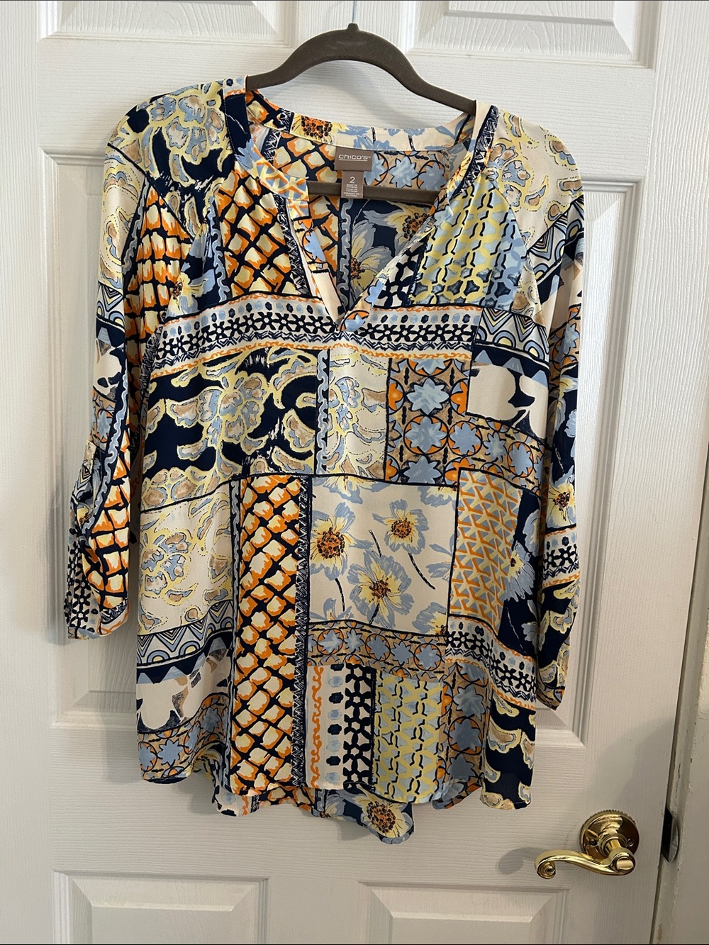 Chico's Mixed Patchwork V-Neck Tunic Sz 2 (Large) Flowy Lightweight Summer